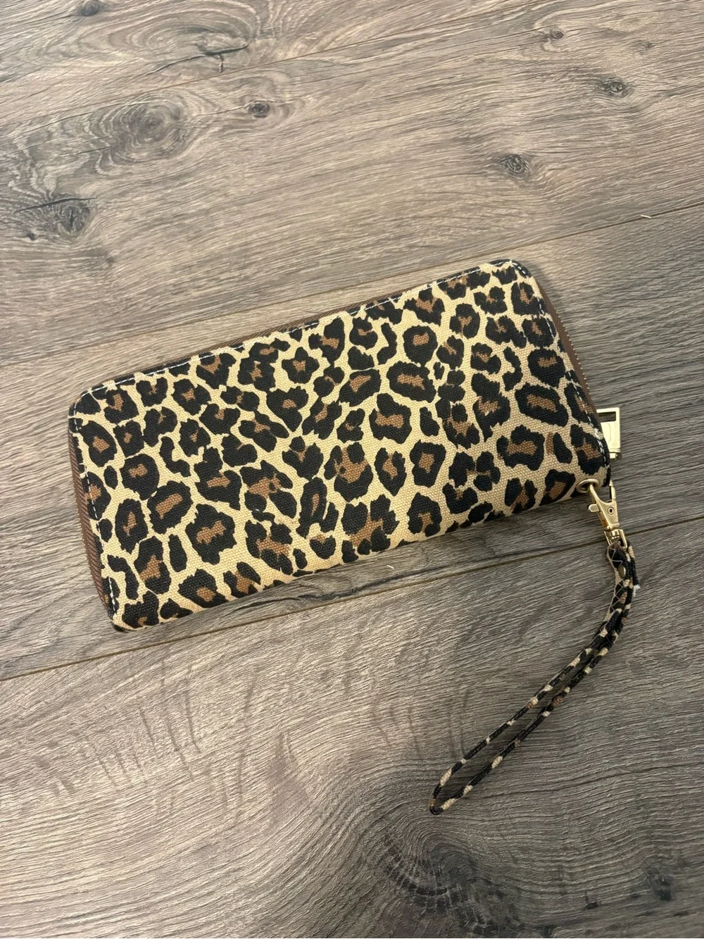 Never used! Leopard Print Zip Wristlet Wallet - Brown/Black
